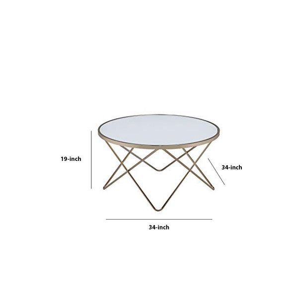 19" Round Glass Top Coffee Table With V Legs, White And Gold