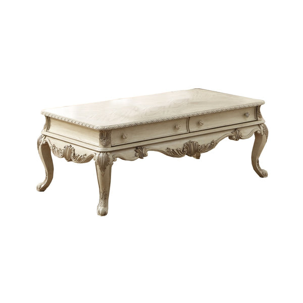 19 Inch 2 Drawer Traditional Wooden Coffee Table, Antique White - BM191257