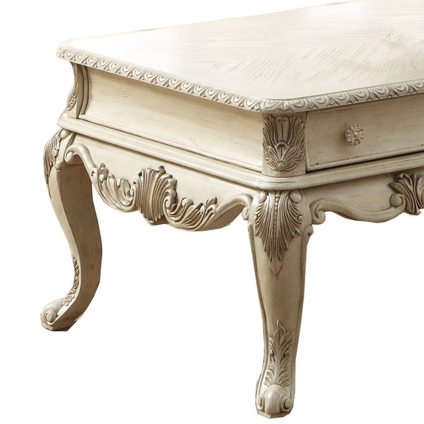 19 Inch 2 Drawer Traditional Wooden Coffee Table, Antique White - BM191257