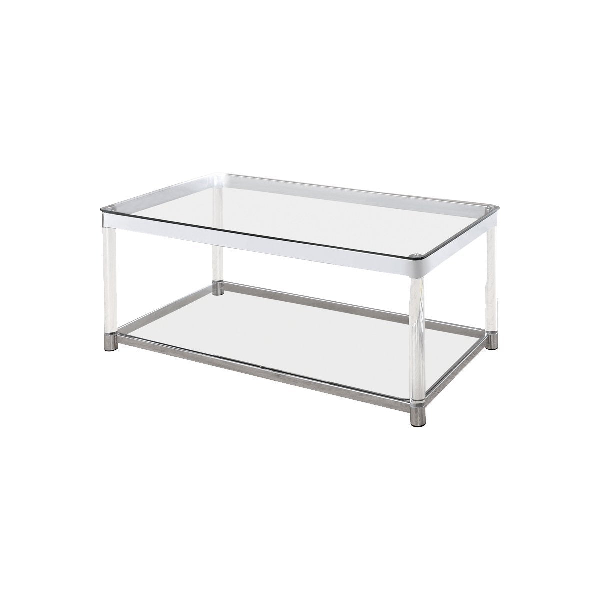 Acrylic Frame Coffee Table With Glass Top And Bottom Shelf,Clear And Chrome