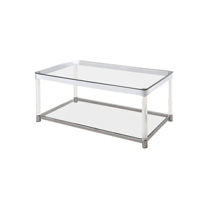 Acrylic Frame Coffee Table With Glass Top And Bottom Shelf,Clear And Chrome
