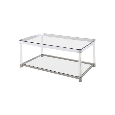 Acrylic Frame Coffee Table With Glass Top And Bottom Shelf,Clear And Chrome