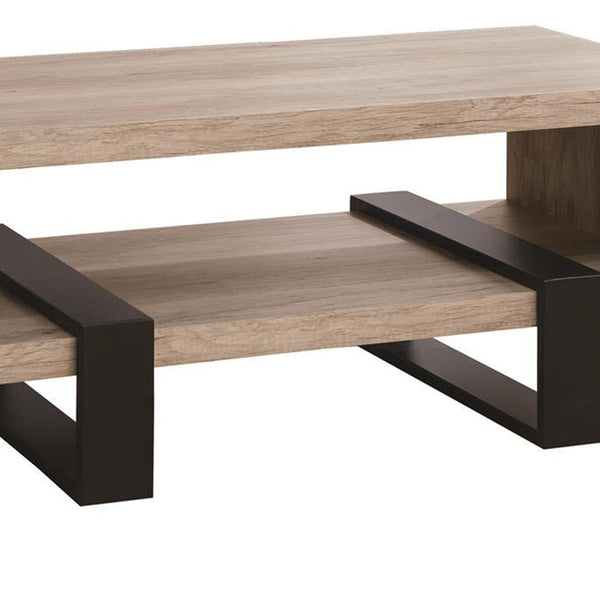 Modern Driftwood Open Shelf Coffee Table, Gray And Brown