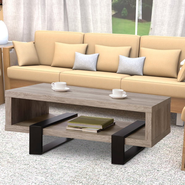 Modern Driftwood Open Shelf Coffee Table, Gray And Brown