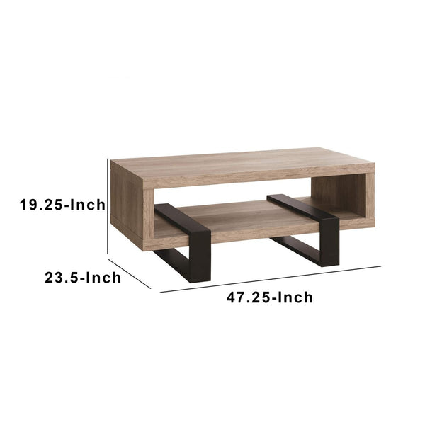Modern Driftwood Open Shelf Coffee Table, Gray And Brown