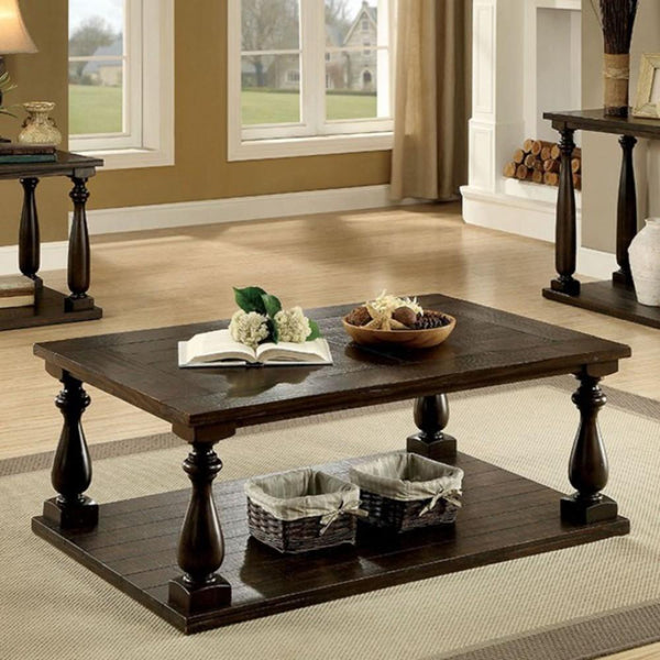 BM166165 Wooden Coffee Table With Open Bottom Shelf, Dark Walnut Brown