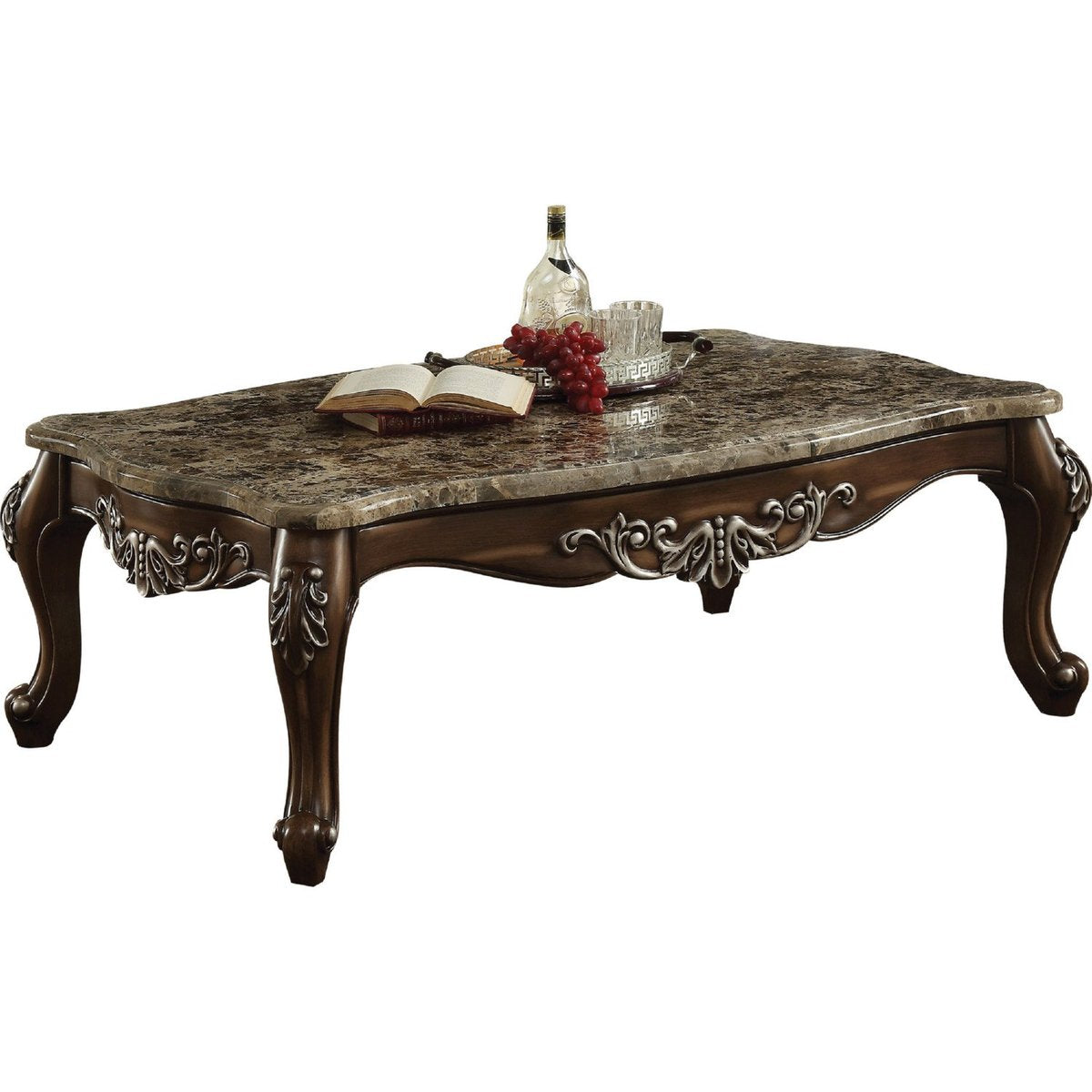 Wooden Coffee Table With Marble Top In Antique Oak Brown