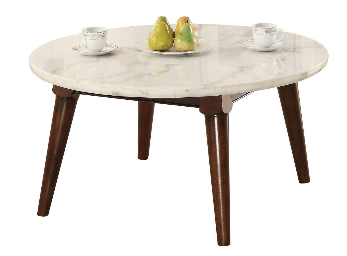 Wood Base Coffee Table With Marble Top, Walnut Brown