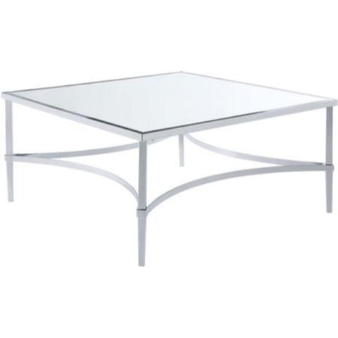 18 Inch Metal Coffee Table With Mirrored Glass Top, Silver