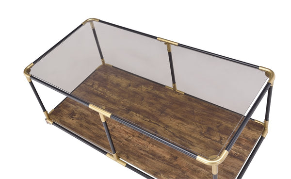 BM186277 Metal Frame Coffee Table With Glass Top And Wooden Bottom Shelf, Multicolor