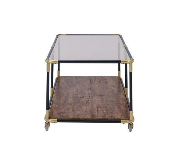 BM186277 Metal Frame Coffee Table With Glass Top And Wooden Bottom Shelf, Multicolor