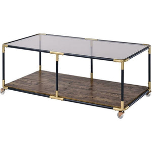 BM186277 Metal Frame Coffee Table With Glass Top And Wooden Bottom Shelf, Multicolor