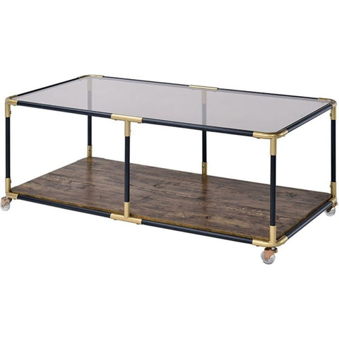 BM186277 Metal Frame Coffee Table With Glass Top And Wooden Bottom Shelf, Multicolor
