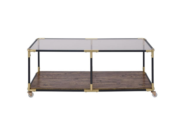 BM186277 Metal Frame Coffee Table With Glass Top And Wooden Bottom Shelf, Multicolor