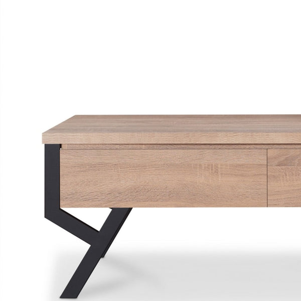 Transitional Rectangular Wooden Coffee Table With 2 Drawers, Brown And Black