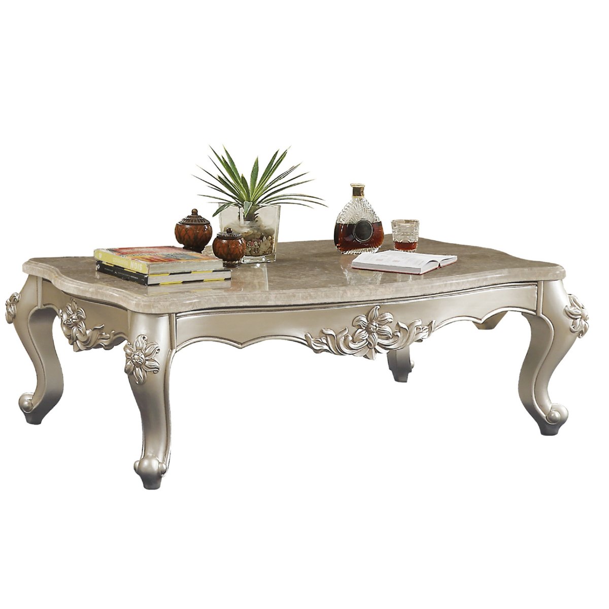 20" Carved Wooden Coffee Table With Marble Top, Silver