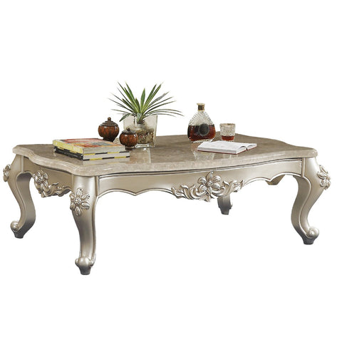 20" Carved Wooden Coffee Table With Marble Top, Silver