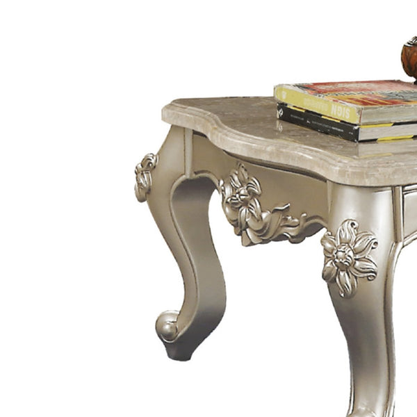 20" Carved Wooden Coffee Table With Marble Top, Silver