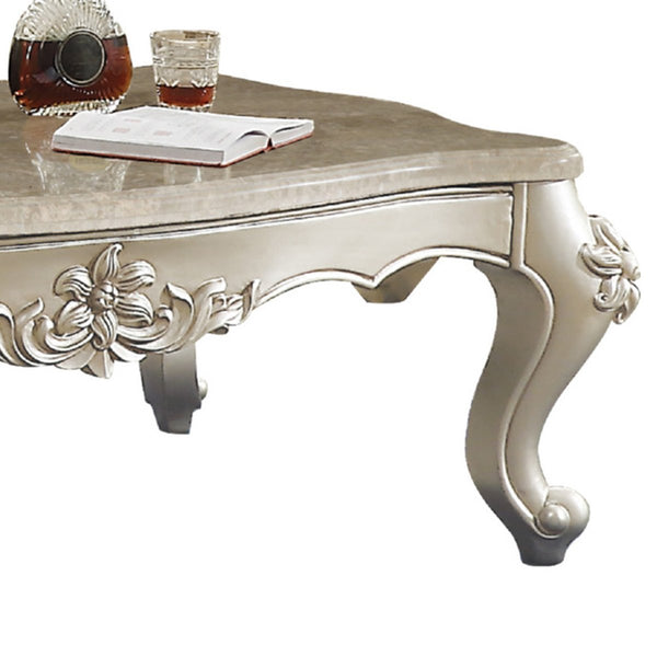 20" Carved Wooden Coffee Table With Marble Top, Silver