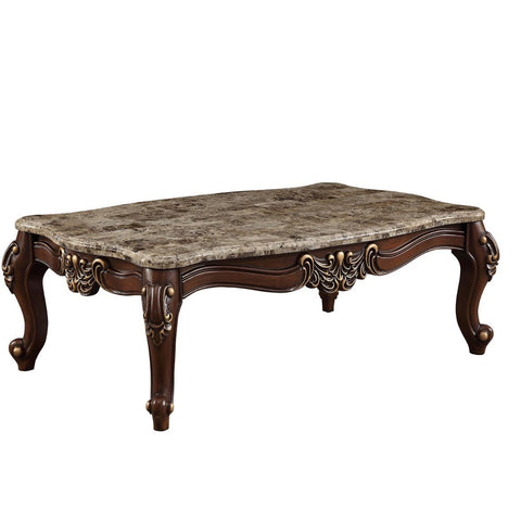 Traditional Style Rectangular Wood And Marble Coffee Table, Brown