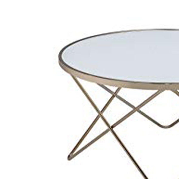 19" Round Glass Top Coffee Table With V Legs, White And Gold