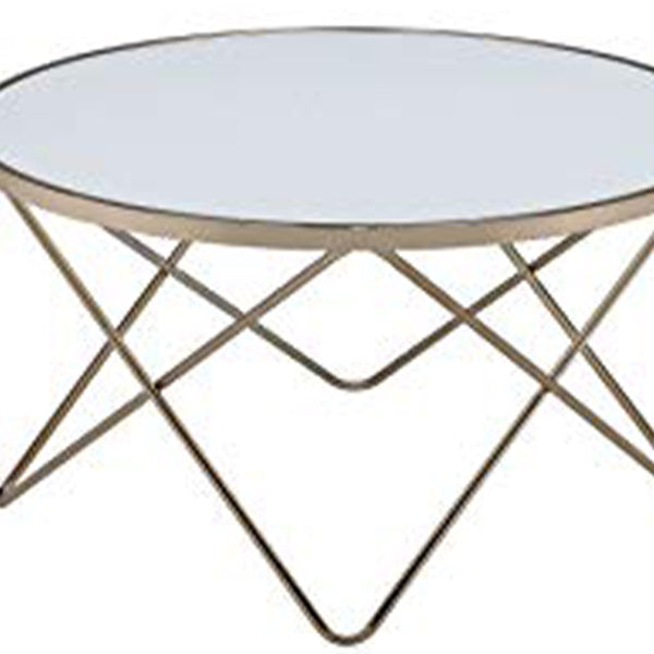 19" Round Glass Top Coffee Table With V Legs, White And Gold