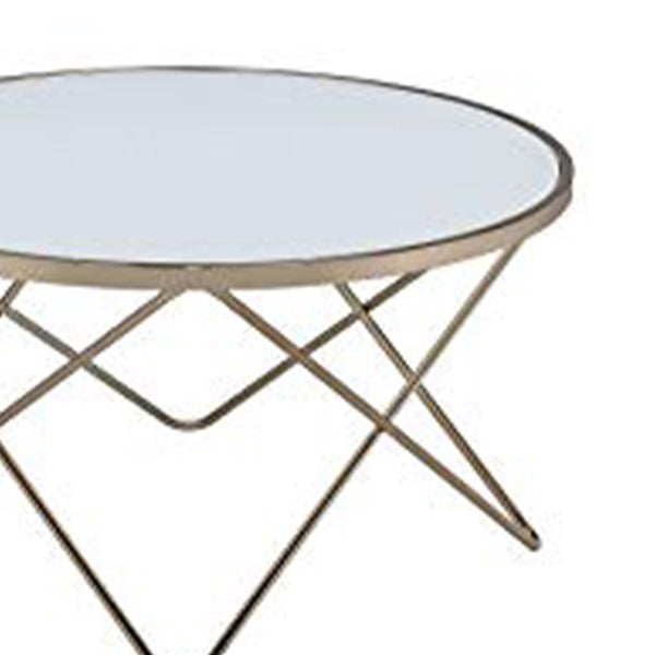 19" Round Glass Top Coffee Table With V Legs, White And Gold