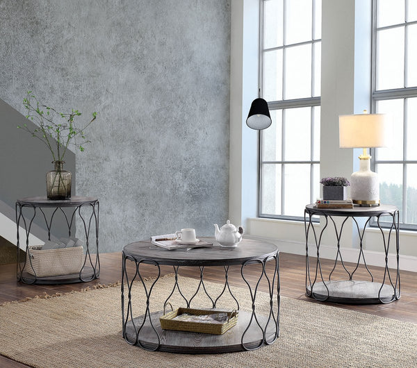 Industrial Style Round Metal And Solid Wood Coffee Table With Open Bottom Shelf, Gray And Brown