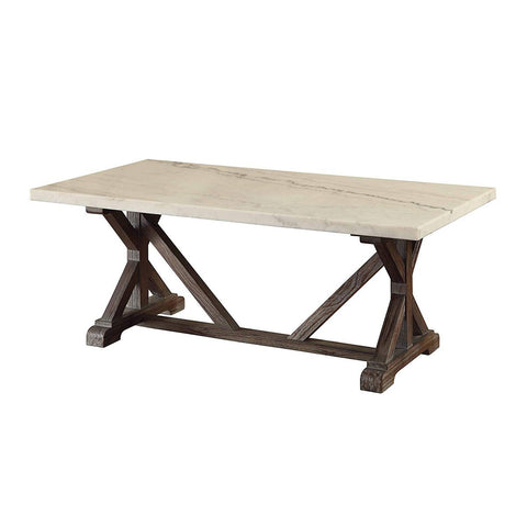 Marble Rectangle Shaped Coffee Table With Wooden Trestle Base, White And Espresso Brown