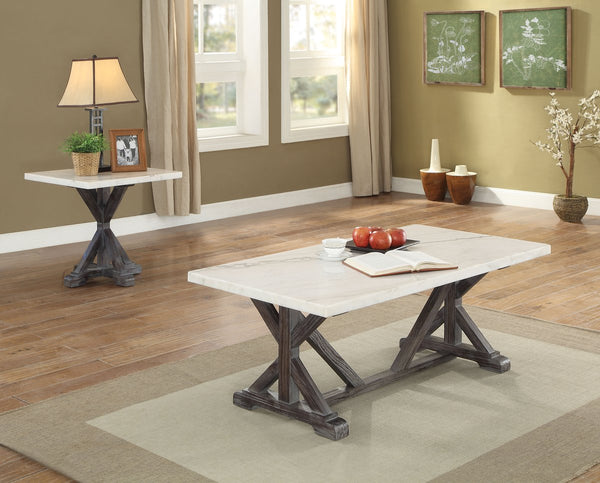 Marble Rectangle Shaped Coffee Table With Wooden Trestle Base, White And Espresso Brown