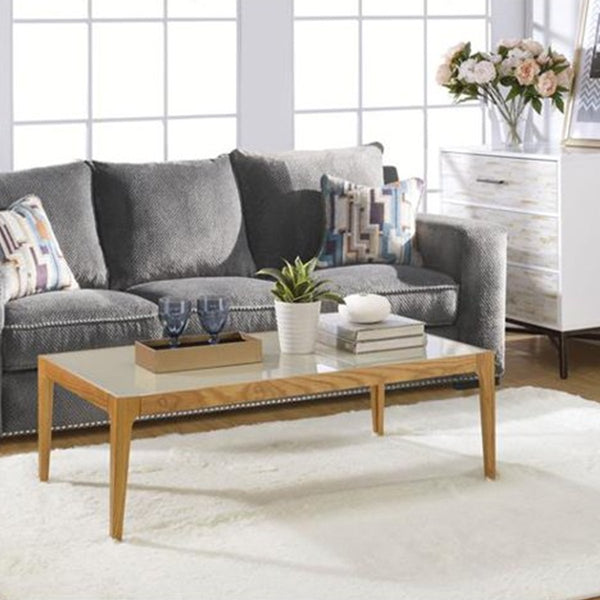 Wooden Frame Rectangular Coffee Table With Beveled Tempered Glass Top, Brown And Clear