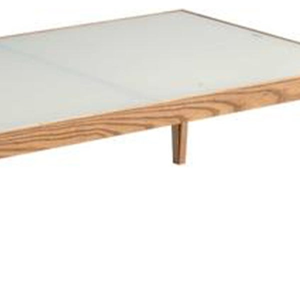 Wooden Frame Rectangular Coffee Table With Beveled Tempered Glass Top, Brown And Clear