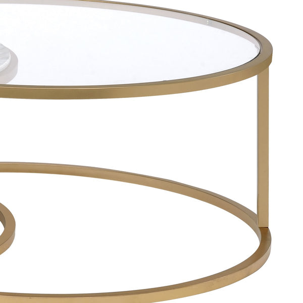 Metal Framed Nesting Coffee Tables With Glass And Marble Tops, Set Of Two, Gold