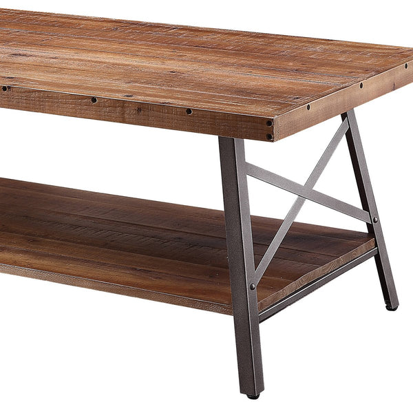 Wooden Coffee Table With X Crossed Metal Sides And Open Shelf, Brown And Black