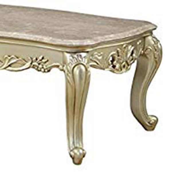 BM193852 -Wooden Coffee Table With Decorative Polyresin Carvings And Marble Top, White