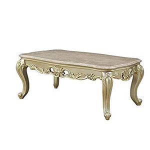 BM193852 -Wooden Coffee Table With Decorative Polyresin Carvings And Marble Top, White