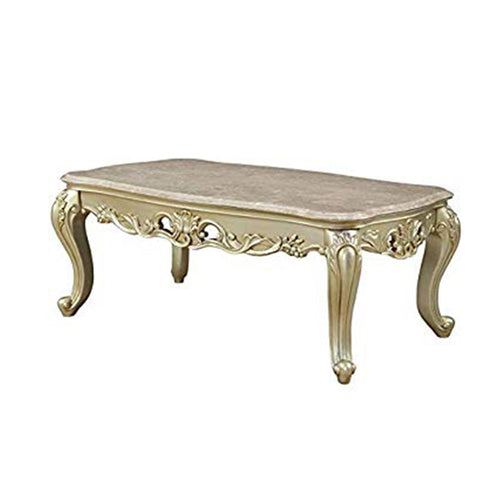 BM193852 -Wooden Coffee Table With Decorative Polyresin Carvings And Marble Top, White