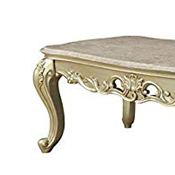 BM193852 -Wooden Coffee Table With Decorative Polyresin Carvings And Marble Top, White