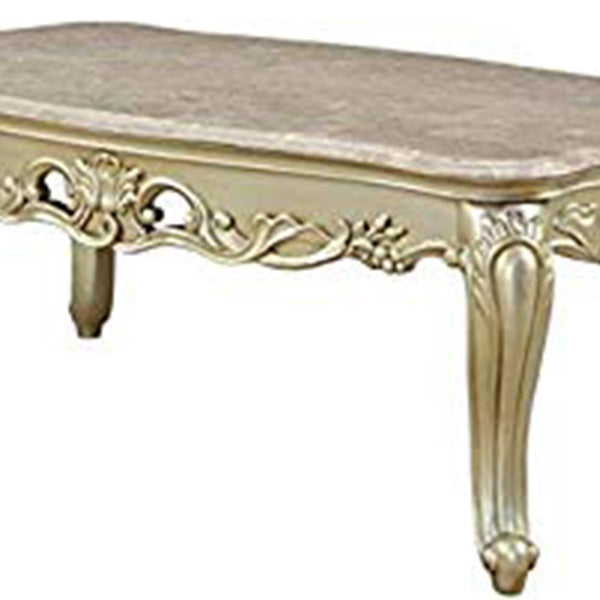 BM193852 -Wooden Coffee Table With Decorative Polyresin Carvings And Marble Top, White
