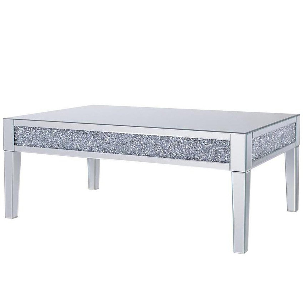 Wooden And Mirror Rectangular Coffee Table With Faux Crystals Inlay, Silver