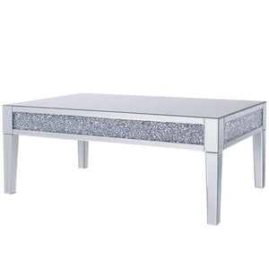 Wooden And Mirror Rectangular Coffee Table With Faux Crystals Inlay, Silver