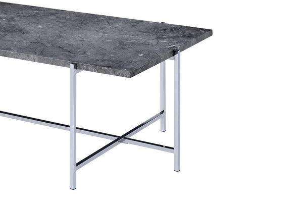 Marble Top Coffee Table With Trestle Base , Gray And Silver