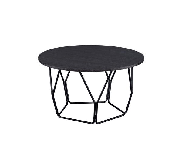 Industrial Round Top Wooden Coffee Table With Geometric Base, Black