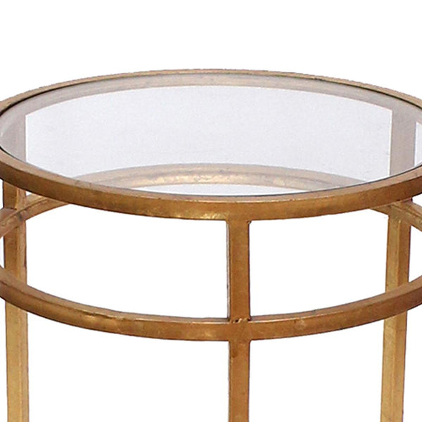 Metal Coffee Table With Mirror Accented Circular Top, Gold And Clear