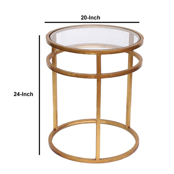 Metal Coffee Table With Mirror Accented Circular Top, Gold And Clear