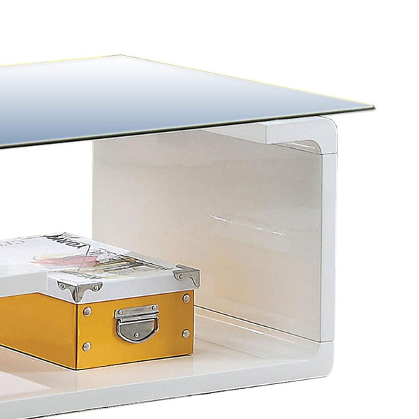 Contemporary Coffee Table With Multi Level Curled Open Shelf, White