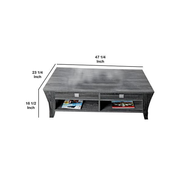Low Rise Coffee Table With Drawers And Bottom Shelves, Gray