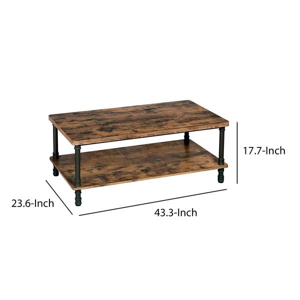 Wooden Coffee Table With 1 Bottom Shelf And Grain Details, Brown