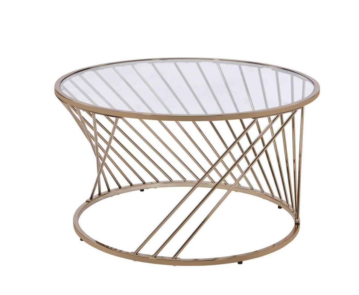 Contemporary Coffee Table With Twisted Metal Base And Round Glass Top, Gold