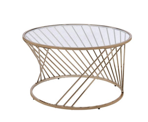 Contemporary Coffee Table With Twisted Metal Base And Round Glass Top, Gold